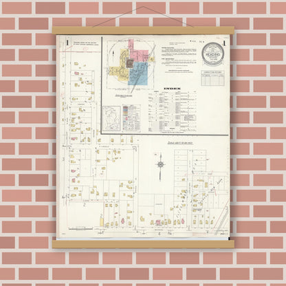 Old map wall art mockup — magnetic wood frame on brick wall — Sanborn Fire Insurance Map from Reading, Hillsdale County, Michigan (1938), Sheet #0001