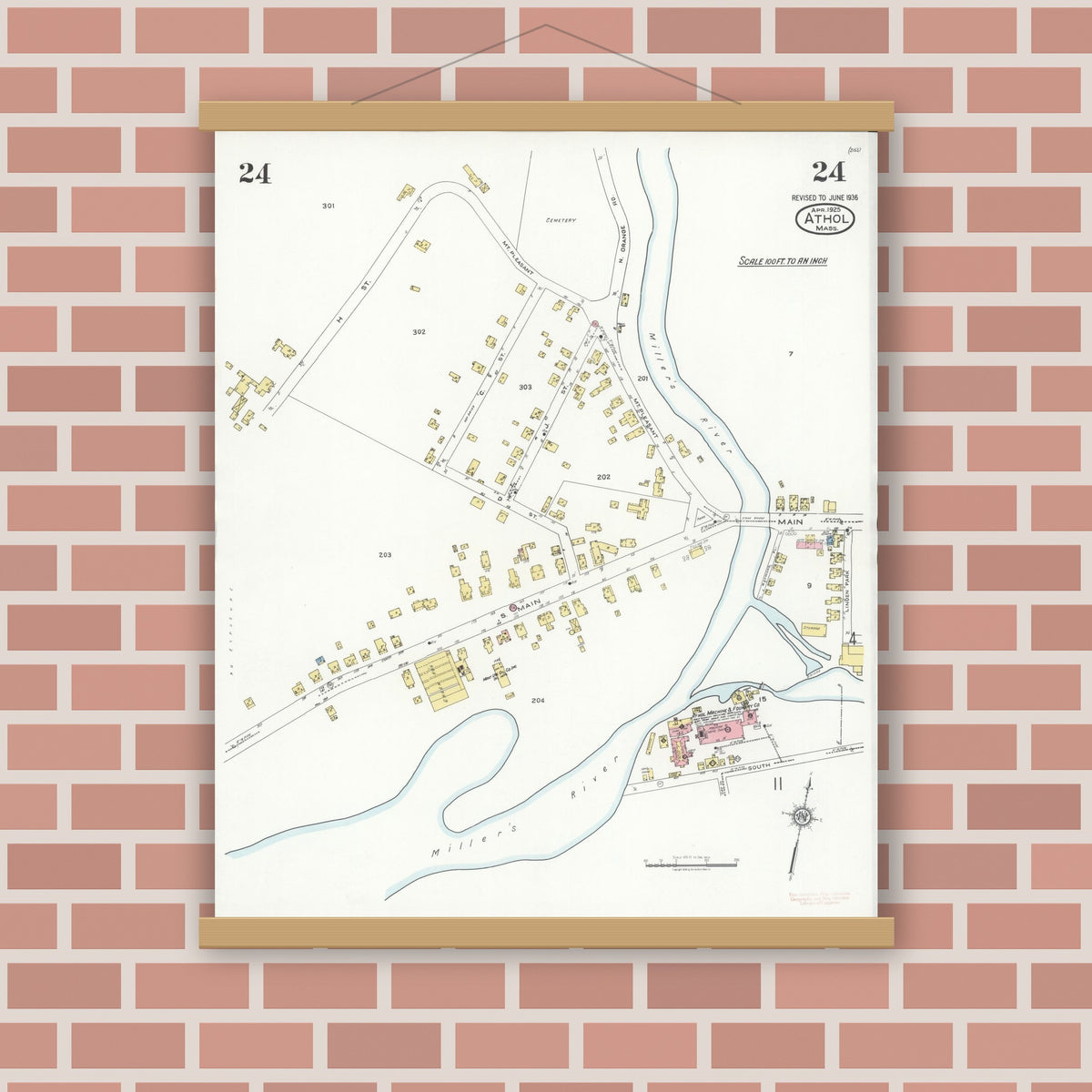 Old map wall art mockup — magnetic wood frame on brick wall — Sanborn Fire Insurance Map from Athol, Worcester County, Massachusetts (1936), Sheet #0024