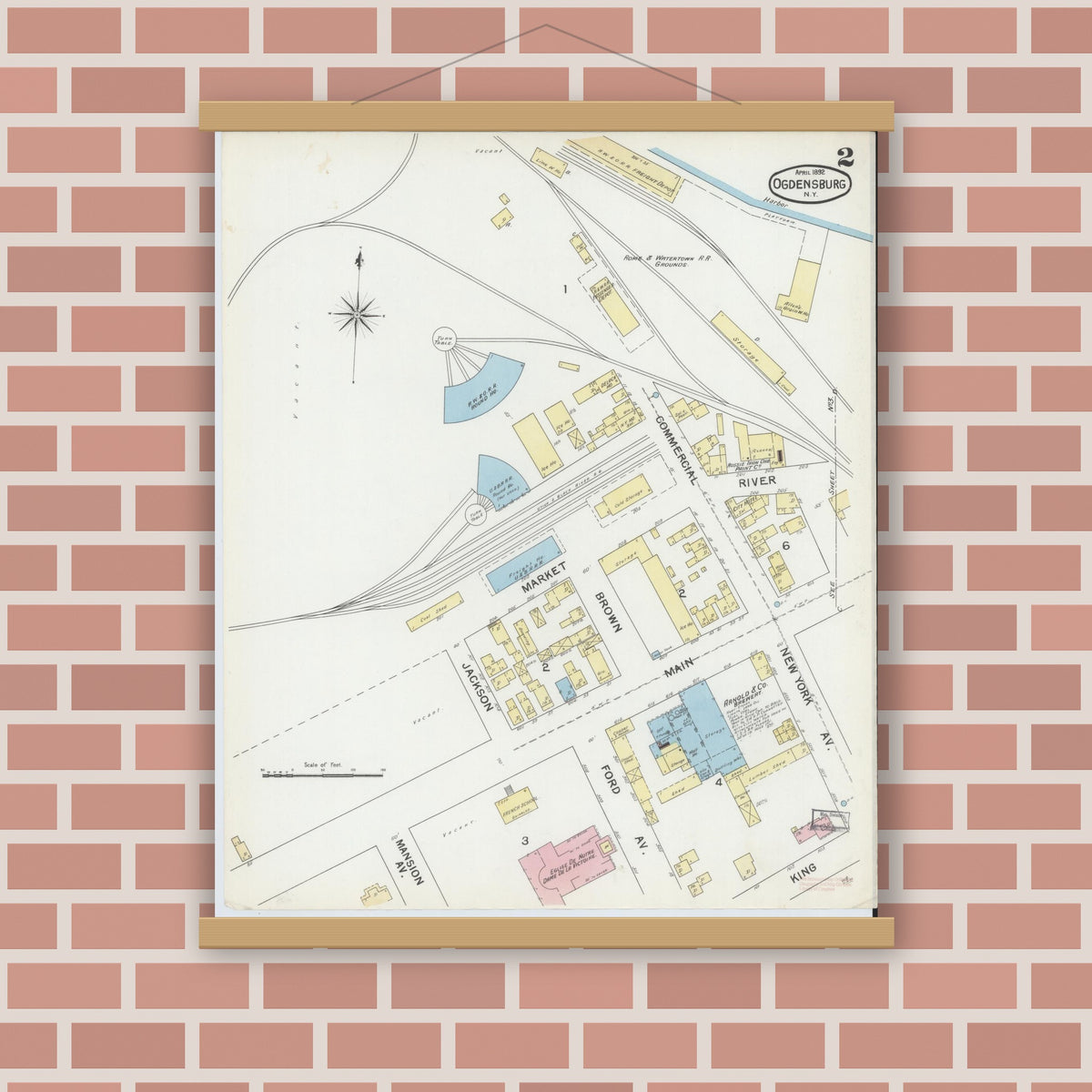 Old map wall art mockup — magnetic wood frame on brick wall — Sanborn Fire Insurance Map from Ogdensburg, St. Lawrence County, New York (1892), Sheet #0001