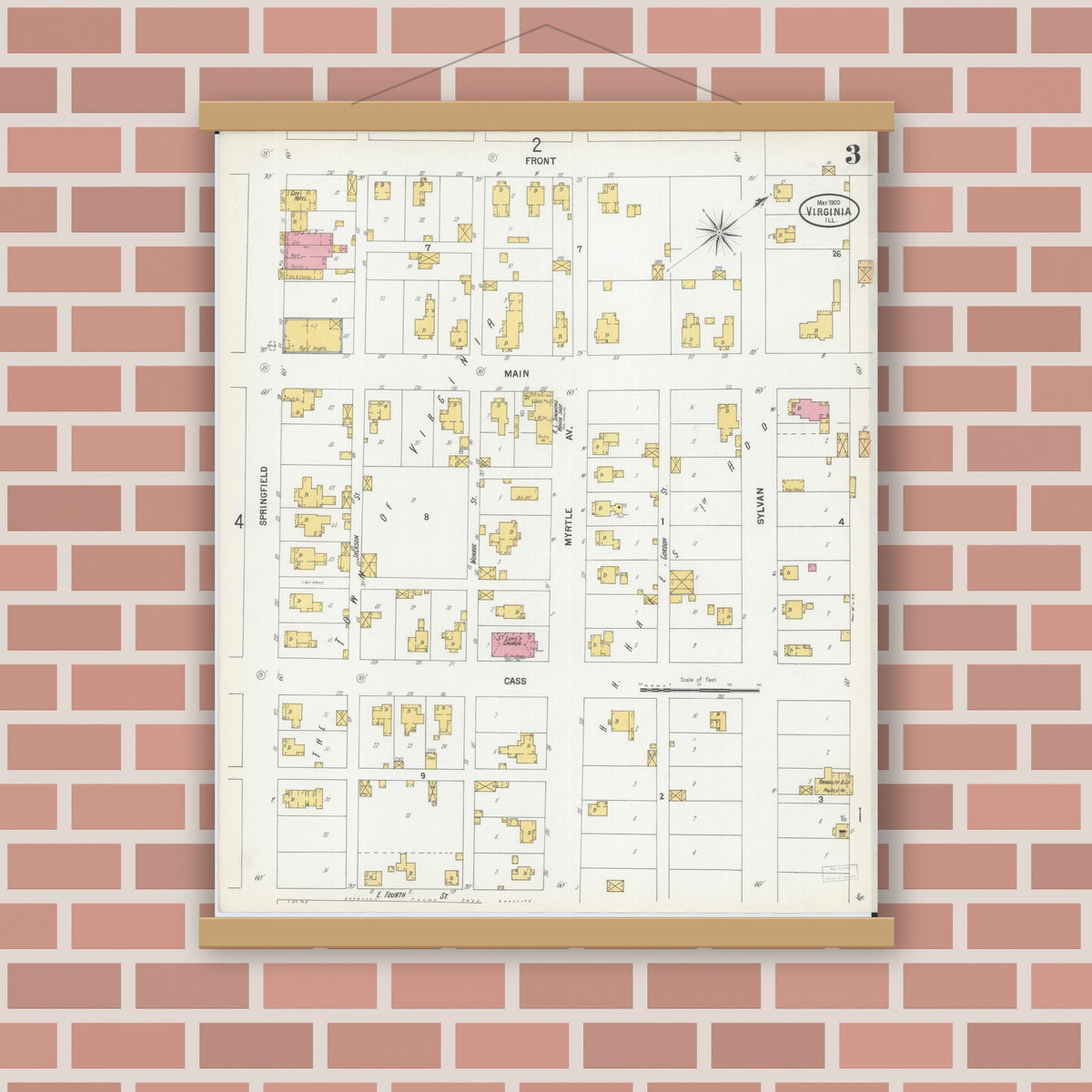 Old map wall art mockup — magnetic wood frame on brick wall — Sanborn Fire Insurance Map from Virginia, Cass County, Illinois (1900), Sheet #0003
