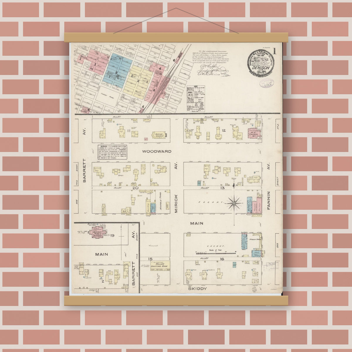 Old map wall art mockup — magnetic wood frame on brick wall — Sanborn Fire Insurance Map from Denison, Grayson County, Texas (1885) - Complete Map Set