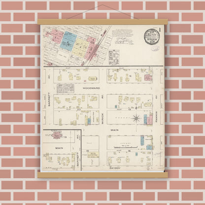 Old map wall art mockup — magnetic wood frame on brick wall — Sanborn Fire Insurance Map from Denison, Grayson County, Texas (1885) - Complete Map Set