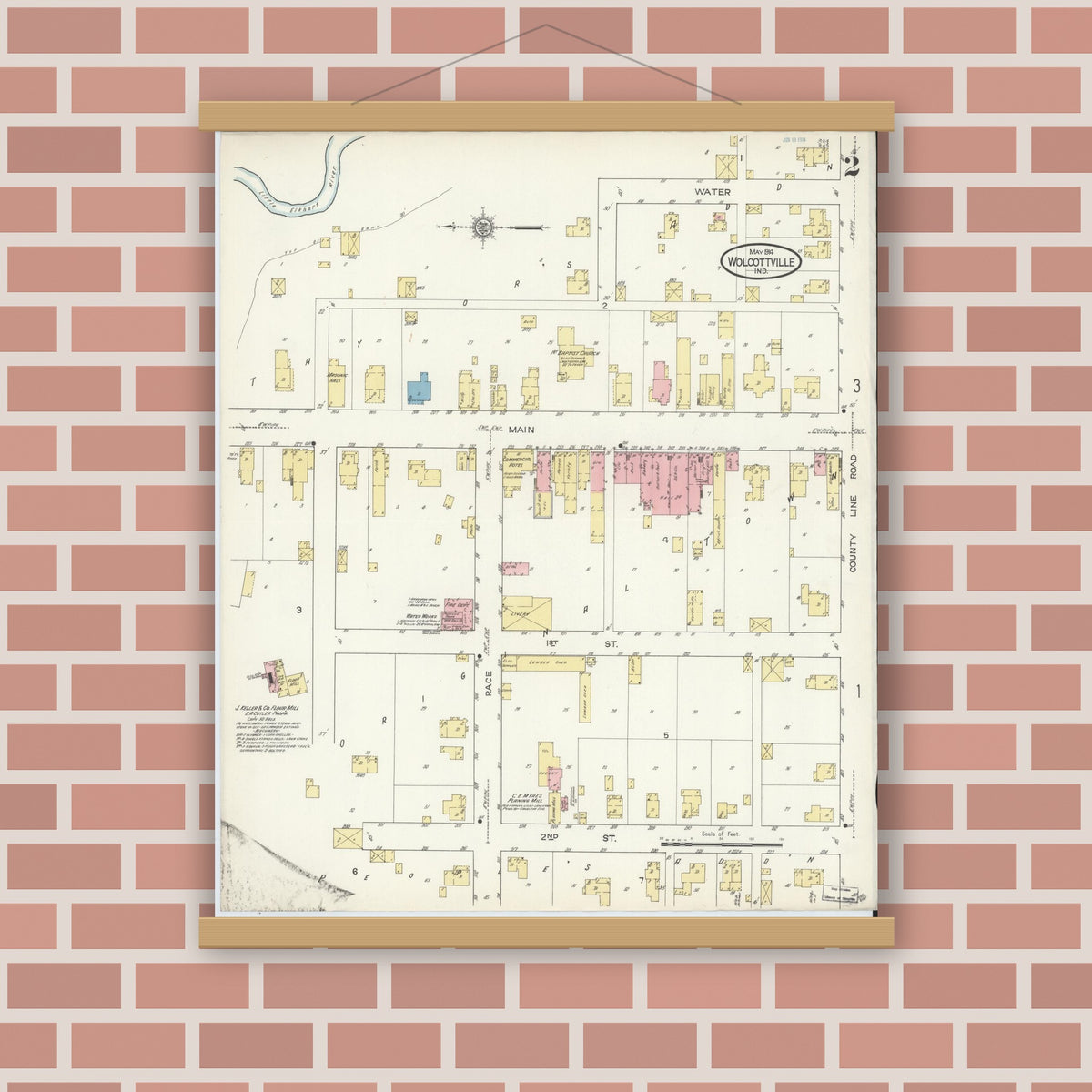 Old map wall art mockup — magnetic wood frame on brick wall — Sanborn Fire Insurance Map from Wolcottville, Noble And LaGrange Counties, Indiana (1914), Sheet #0002