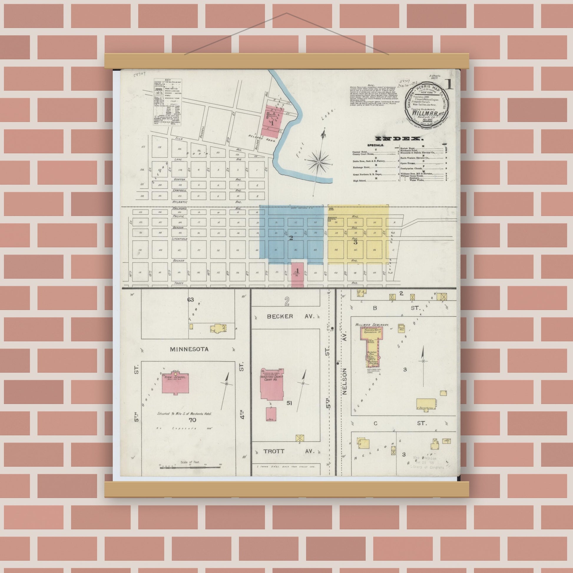 Old map wall art mockup — magnetic wood frame on brick wall — Sanborn Fire Insurance Map from Willmar, Kandiyohi County, Minnesota (1893) - Complete Map Set
