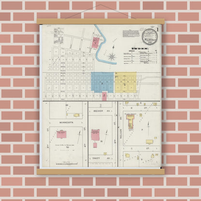 Old map wall art mockup — magnetic wood frame on brick wall — Sanborn Fire Insurance Map from Willmar, Kandiyohi County, Minnesota (1893) - Complete Map Set