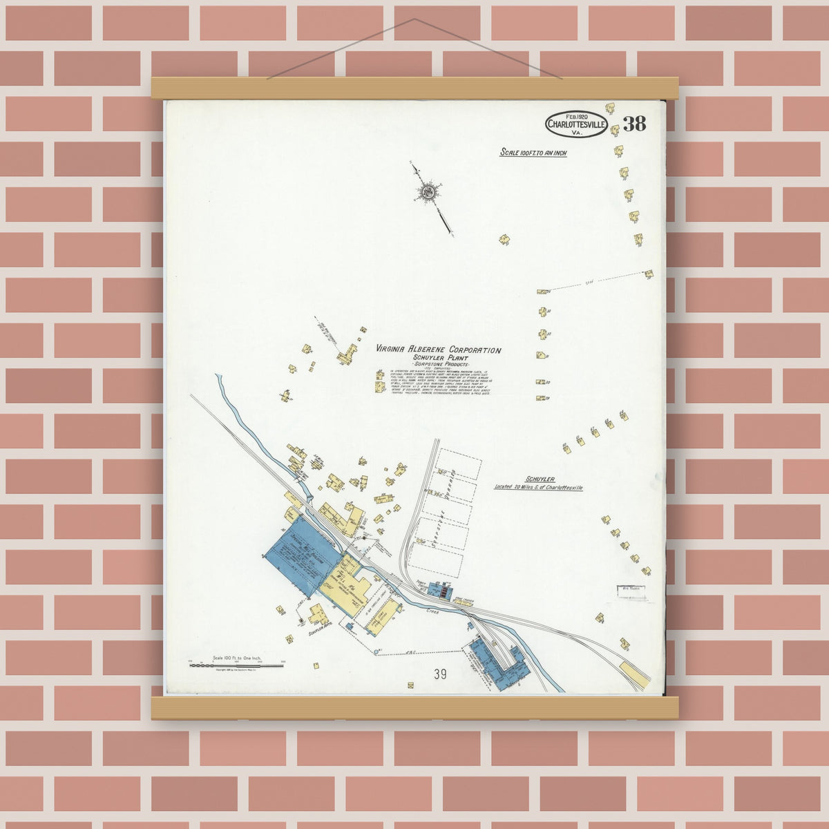 Old map wall art mockup — magnetic wood frame on brick wall — Sanborn Fire Insurance Map from Charlottesville, Independent Cities, Virginia (1920), Sheet #0038