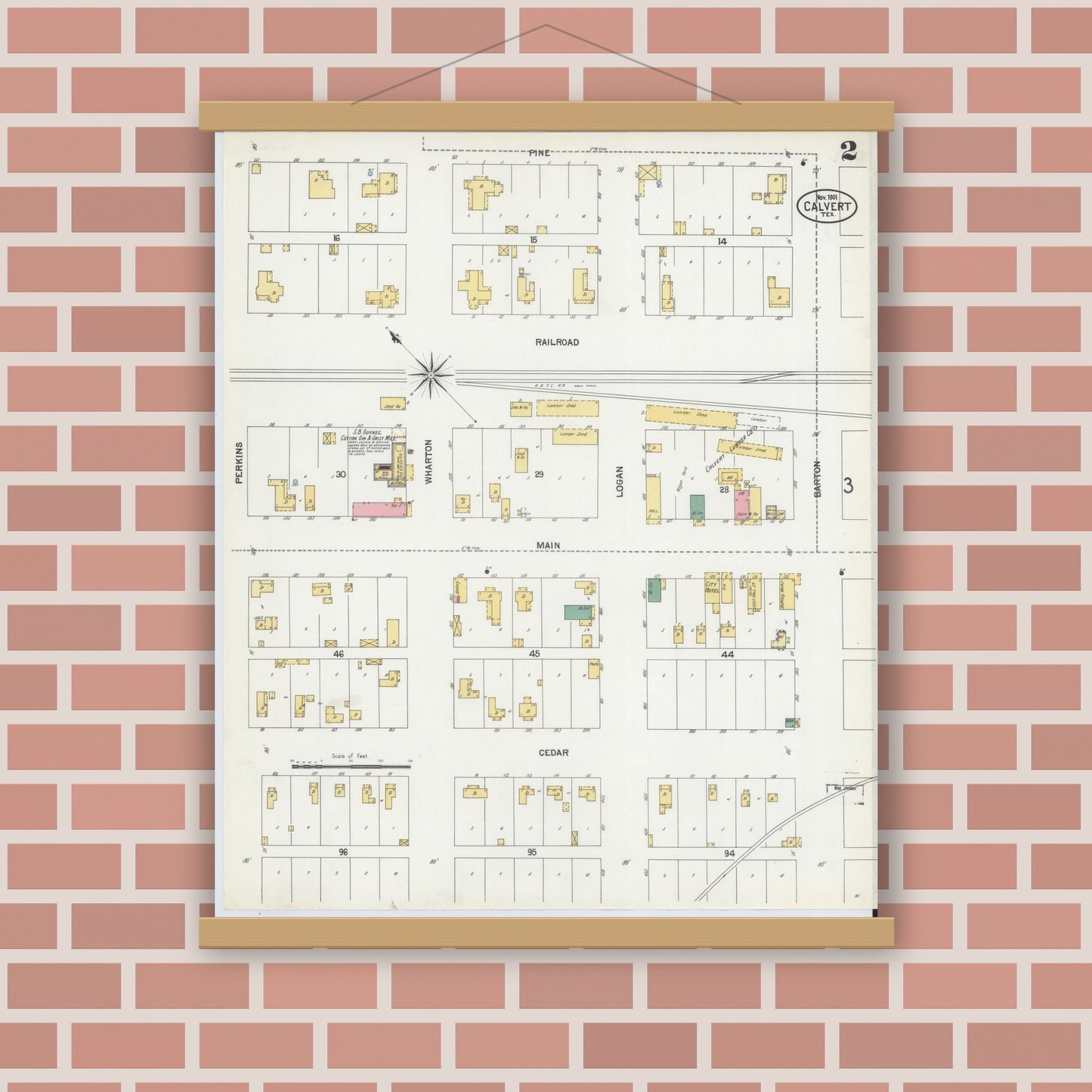 Old map wall art mockup — magnetic wood frame on brick wall — Sanborn Fire Insurance Map from Calvert, Robertson County, Texas (1901), Sheet #0002
