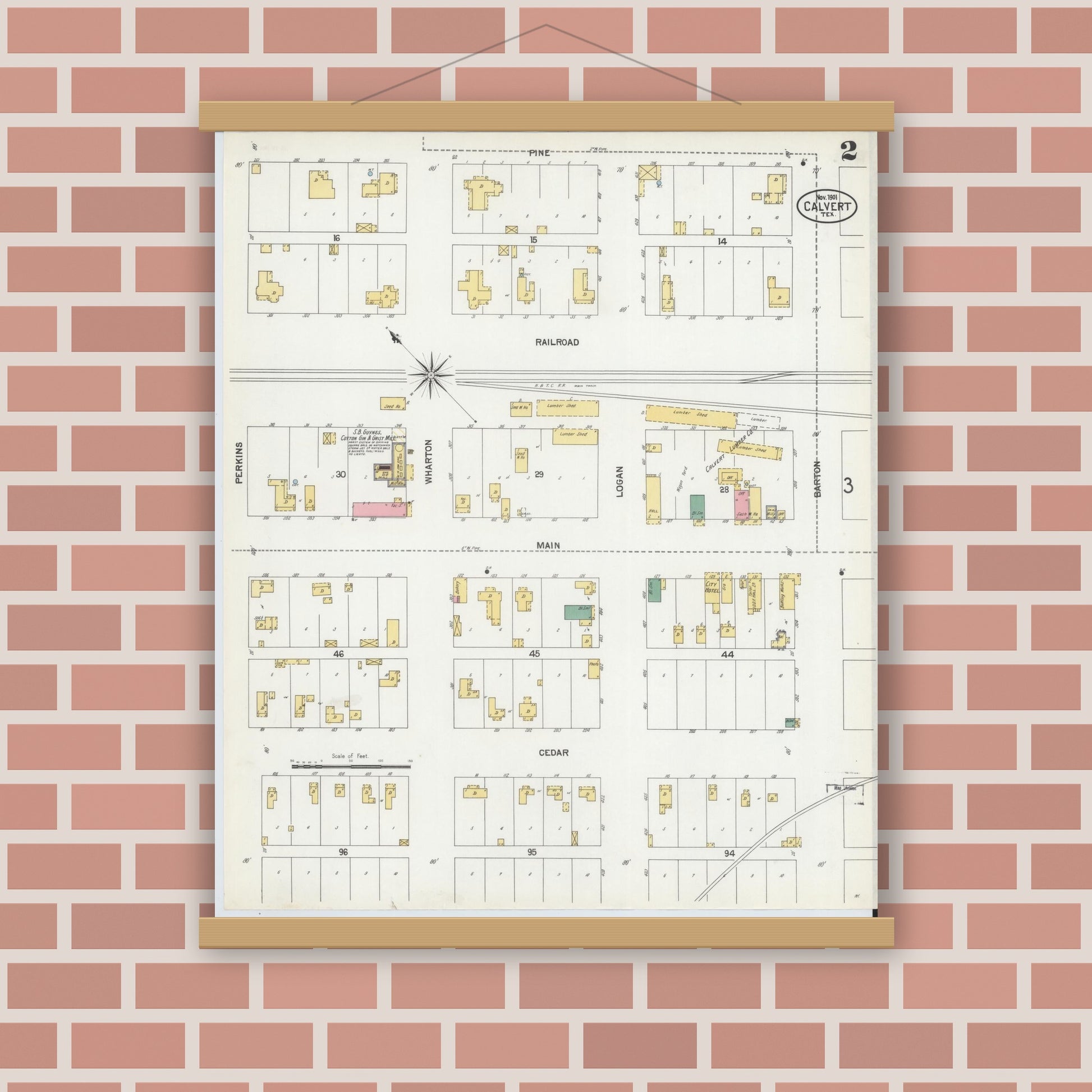 Old map wall art mockup — magnetic wood frame on brick wall — Sanborn Fire Insurance Map from Calvert, Robertson County, Texas (1901), Sheet #0002