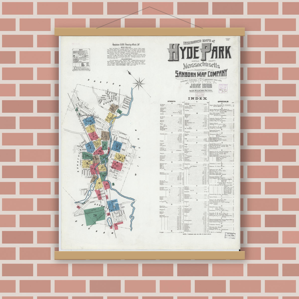 Old map wall art mockup — magnetic wood frame on brick wall — Sanborn Fire Insurance Map from Hyde Park, Norfolk County, Massachusetts (1905) - Complete Map Set