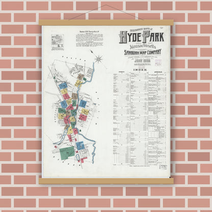Old map wall art mockup — magnetic wood frame on brick wall — Sanborn Fire Insurance Map from Hyde Park, Norfolk County, Massachusetts (1905) - Complete Map Set