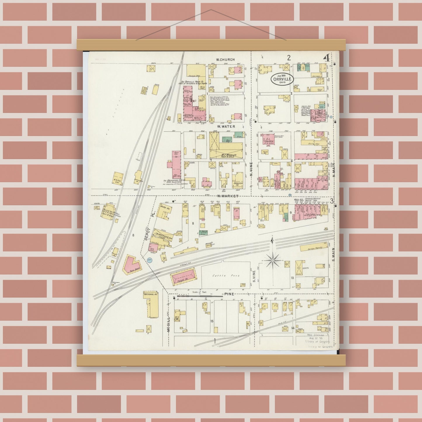 Old map wall art mockup — magnetic wood frame on brick wall — Sanborn Fire Insurance Map from Orrville, Wayne County, Ohio (1899), Sheet #0004