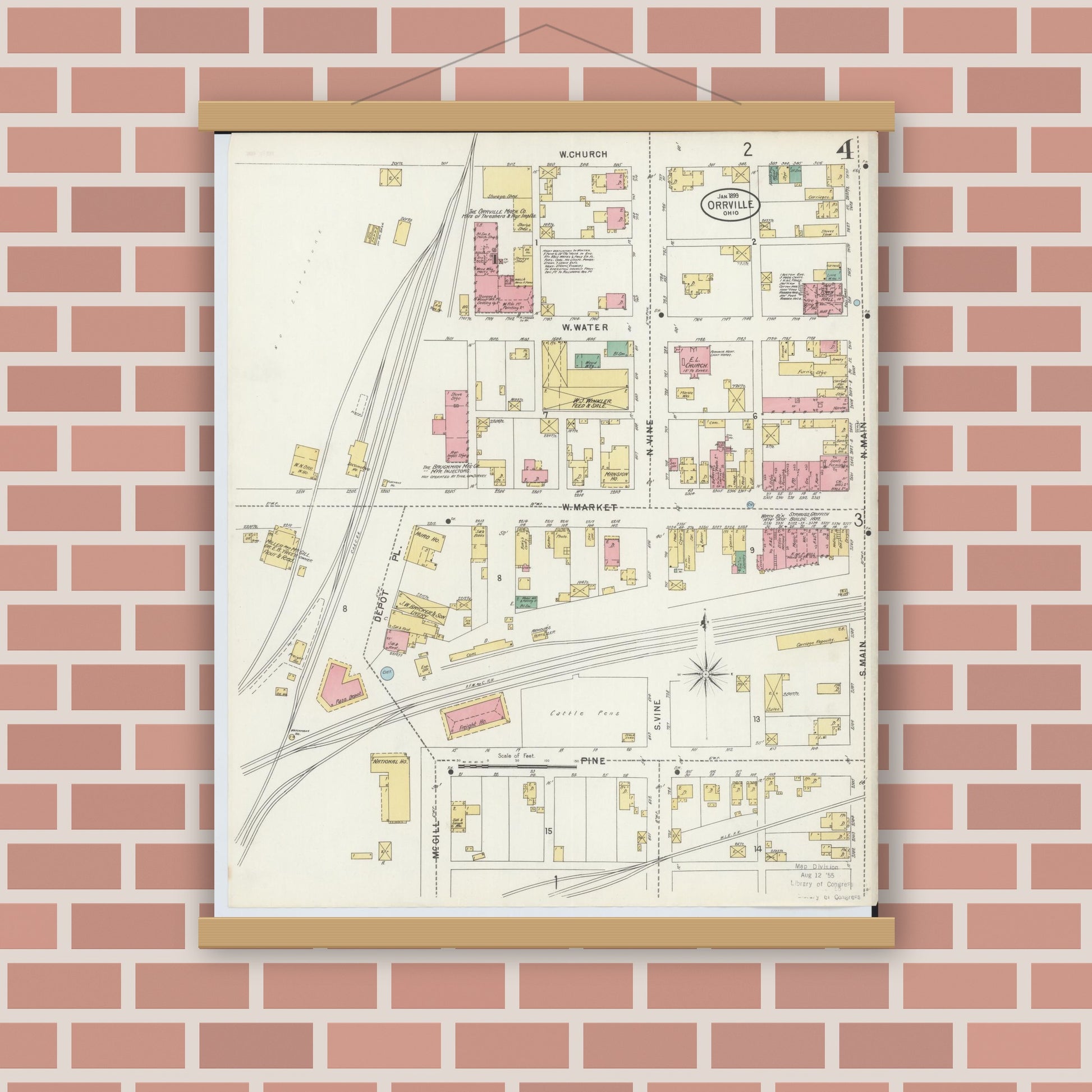 Old map wall art mockup — magnetic wood frame on brick wall — Sanborn Fire Insurance Map from Orrville, Wayne County, Ohio (1899), Sheet #0004