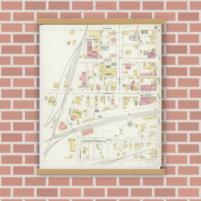 Old map wall art mockup — magnetic wood frame on brick wall — Sanborn Fire Insurance Map from Orrville, Wayne County, Ohio (1899), Sheet #0004