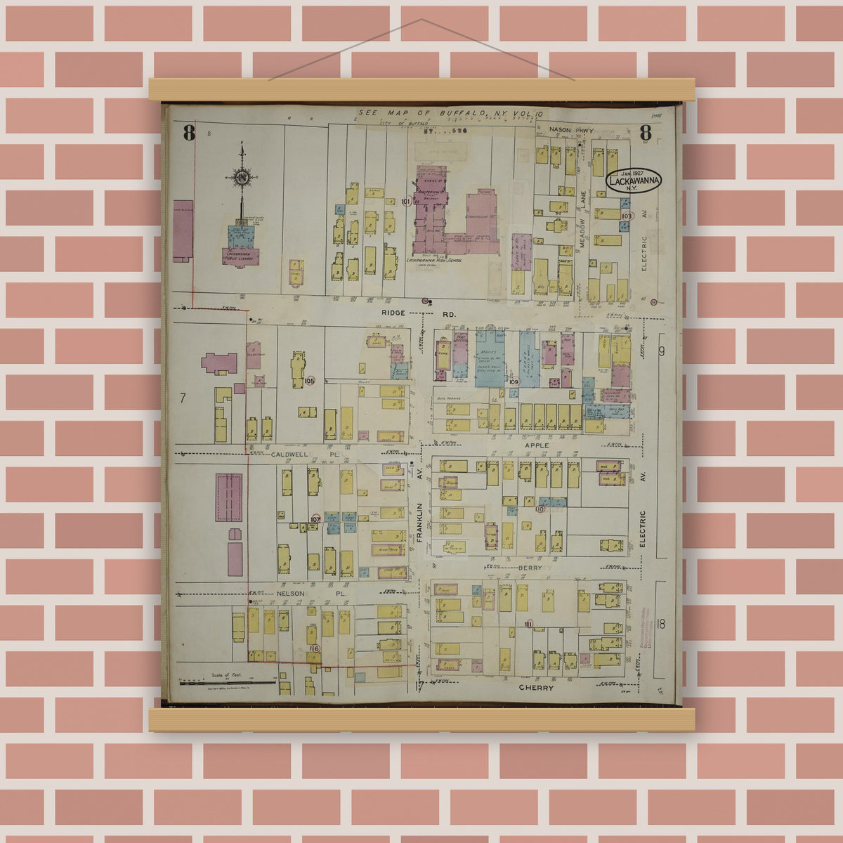 Old map wall art mockup — magnetic wood frame on brick wall — Sanborn Fire Insurance Map from Lackawanna, Erie County, New York (1950), Sheet #0008