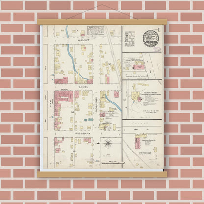 Old map wall art mockup — magnetic wood frame on brick wall — Sanborn Fire Insurance Map from Wilmington, Clinton County, Ohio (1885), Sheet #0001