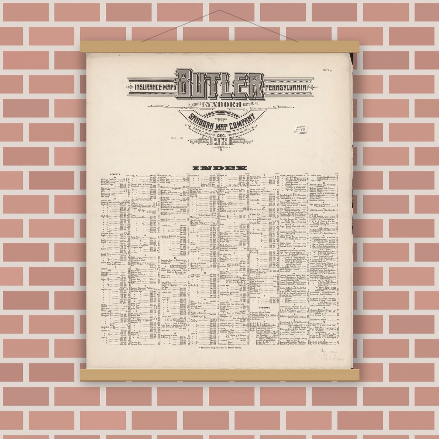 Old map wall art mockup — magnetic wood frame on brick wall — Sanborn Fire Insurance Map from Butler, Butler County, Pennsylvania (1921), Sheet #0001