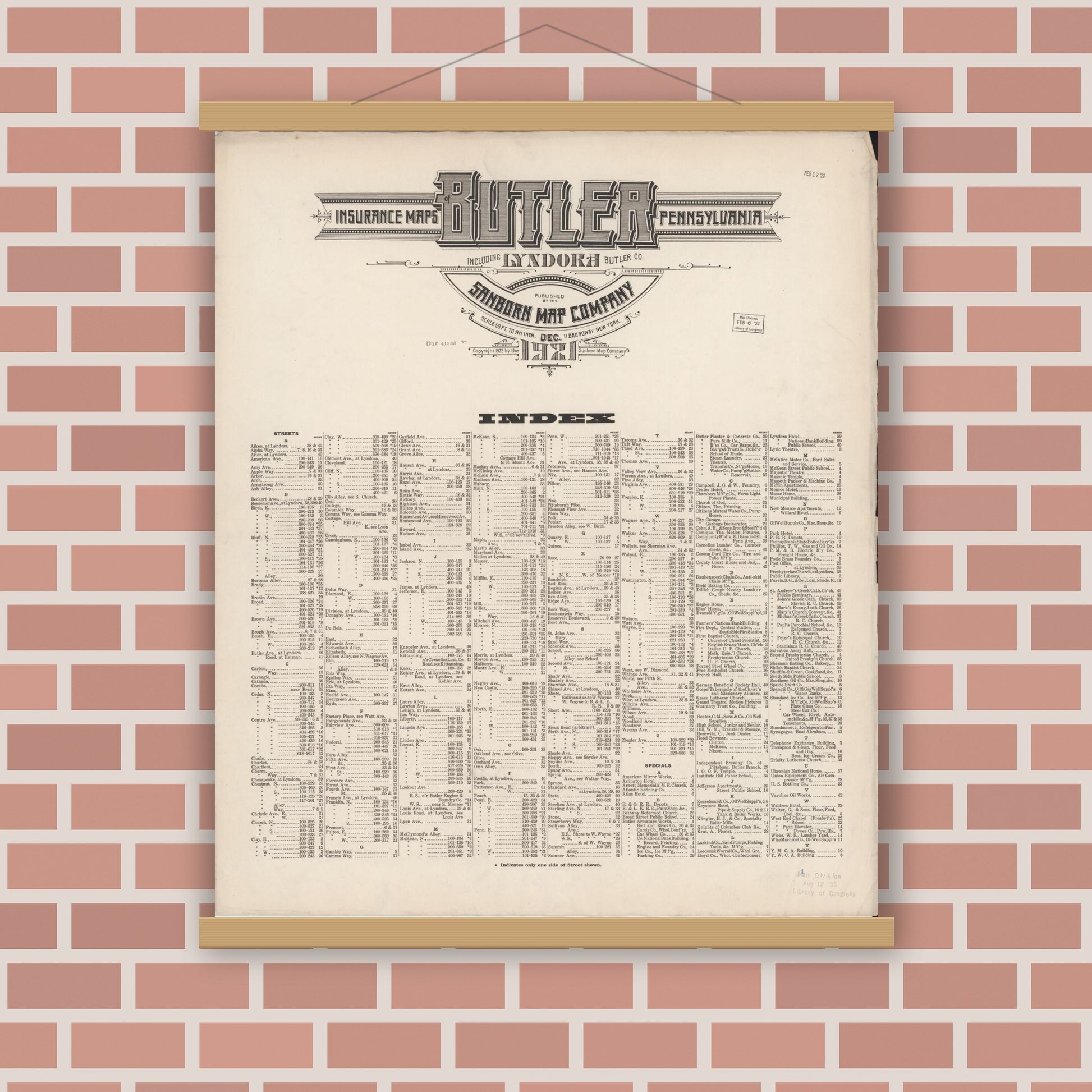 Old map wall art mockup — magnetic wood frame on brick wall — Sanborn Fire Insurance Map from Butler, Butler County, Pennsylvania (1921), Sheet #0001