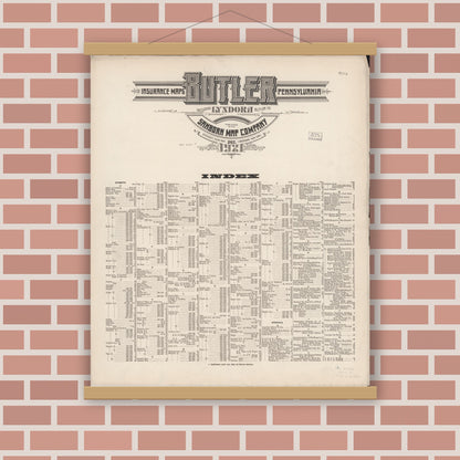 Old map wall art mockup — magnetic wood frame on brick wall — Sanborn Fire Insurance Map from Butler, Butler County, Pennsylvania (1921), Sheet #0001