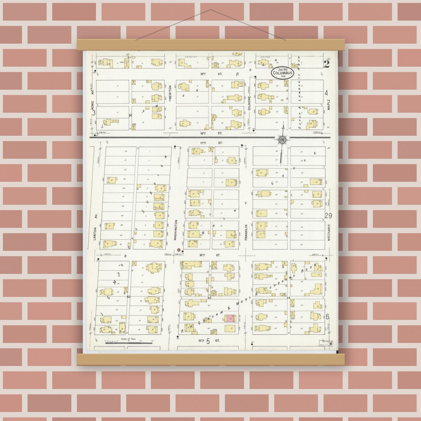 Old map wall art mockup — magnetic wood frame on brick wall — Sanborn Fire Insurance Map from Columbus, Bartholomew County, Indiana (1912), Sheet #0002