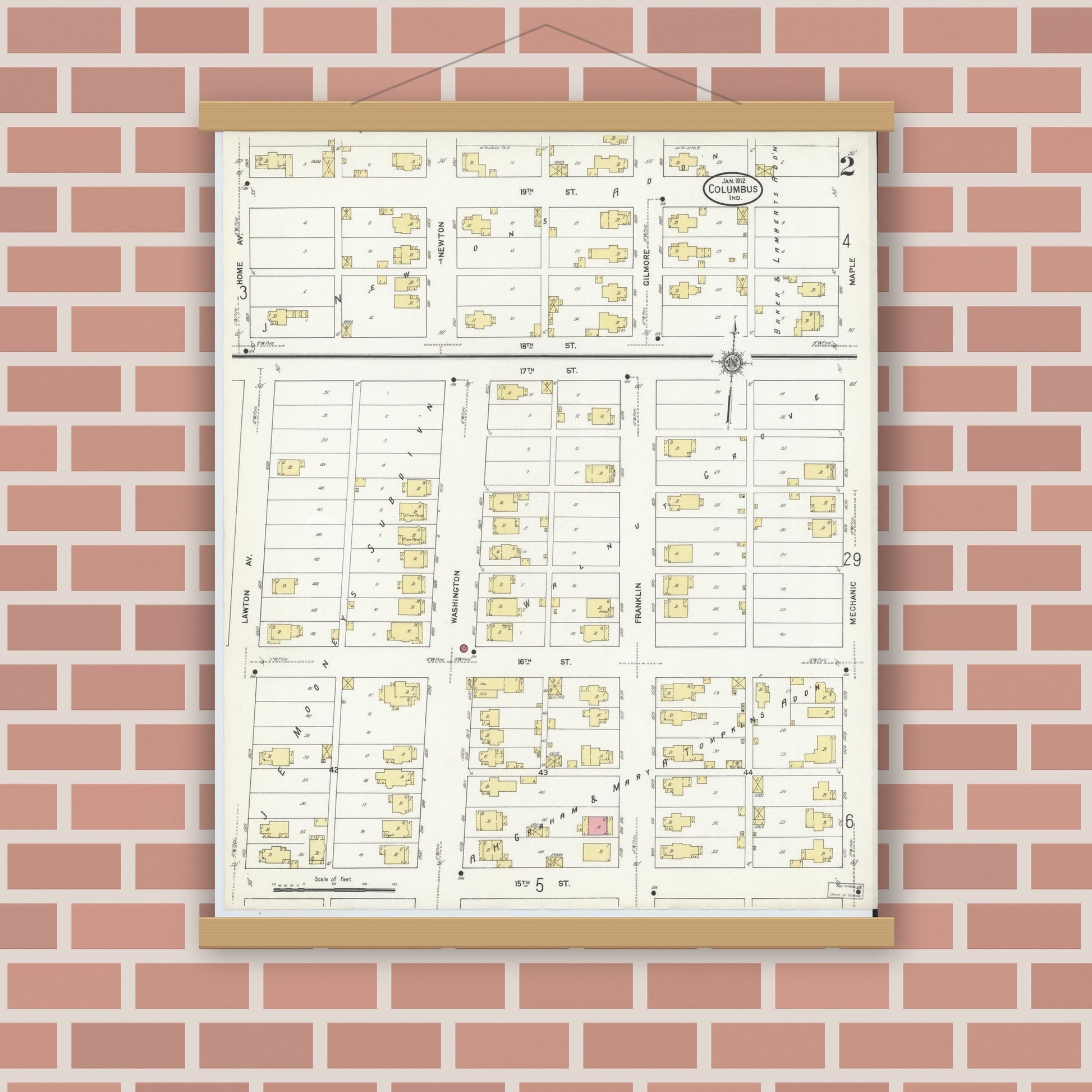 Old map wall art mockup — magnetic wood frame on brick wall — Sanborn Fire Insurance Map from Columbus, Bartholomew County, Indiana (1912), Sheet #0002