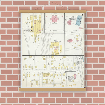 Old map wall art mockup — magnetic wood frame on brick wall — Sanborn Fire Insurance Map from Massillon, Stark County, Ohio (1896), Sheet #0011