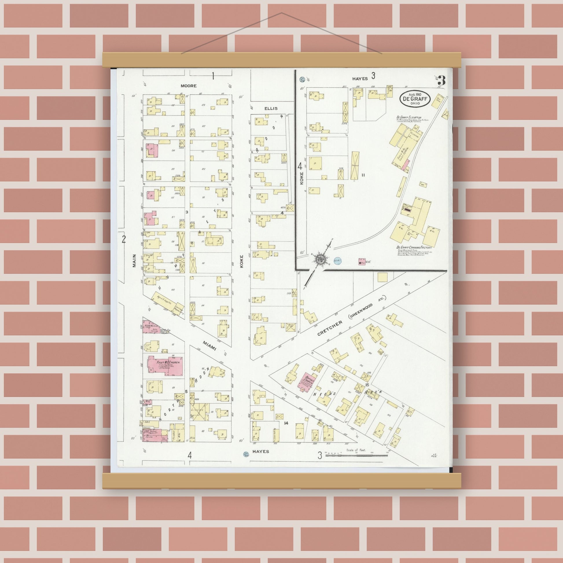 Old map wall art mockup — magnetic wood frame on brick wall — Sanborn Fire Insurance Map from Degraff, Logan County, Ohio (1910), Sheet #0003