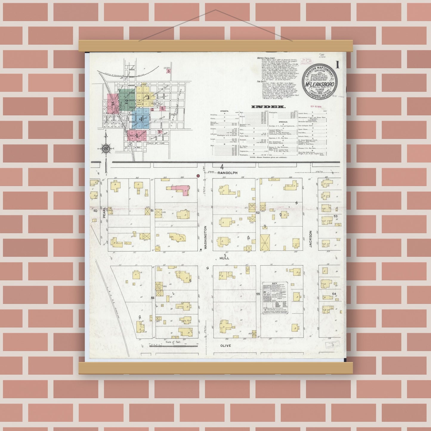Old map wall art mockup — magnetic wood frame on brick wall — Sanborn Fire Insurance Map from Mcleansboro, Hamilton County, Illinois (1910), Sheet #0001