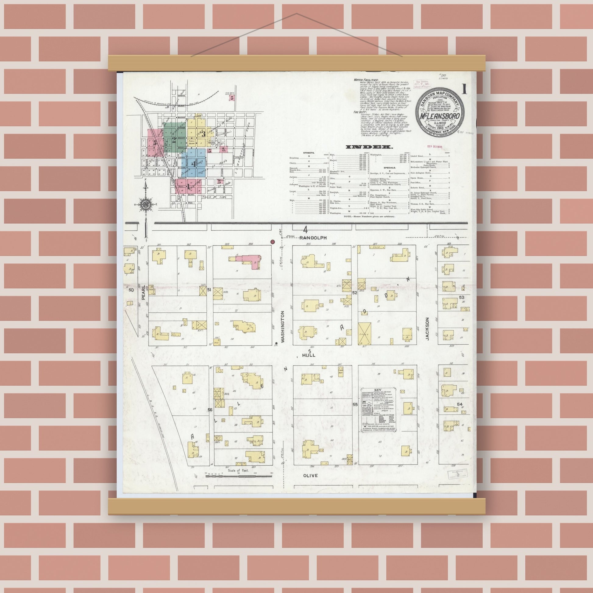 Old map wall art mockup — magnetic wood frame on brick wall — Sanborn Fire Insurance Map from Mcleansboro, Hamilton County, Illinois (1910), Sheet #0001