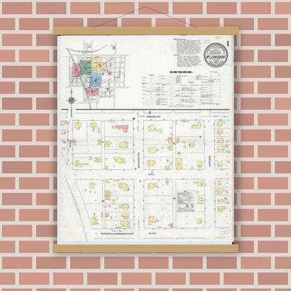 Old map wall art mockup — magnetic wood frame on brick wall — Sanborn Fire Insurance Map from Mcleansboro, Hamilton County, Illinois (1910), Sheet #0001