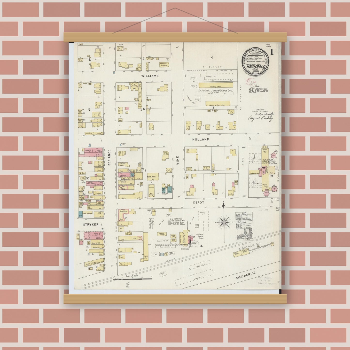 Old map wall art mockup — magnetic wood frame on brick wall — Sanborn Fire Insurance Map from Archbold, Fulton County, Ohio (1895) - Complete Map Set