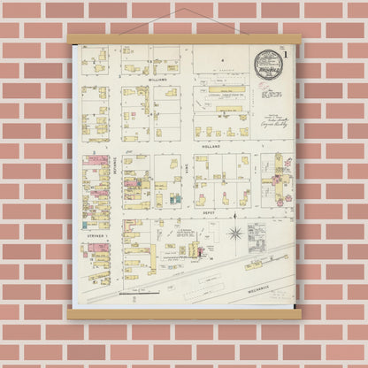 Old map wall art mockup — magnetic wood frame on brick wall — Sanborn Fire Insurance Map from Archbold, Fulton County, Ohio (1895) - Complete Map Set