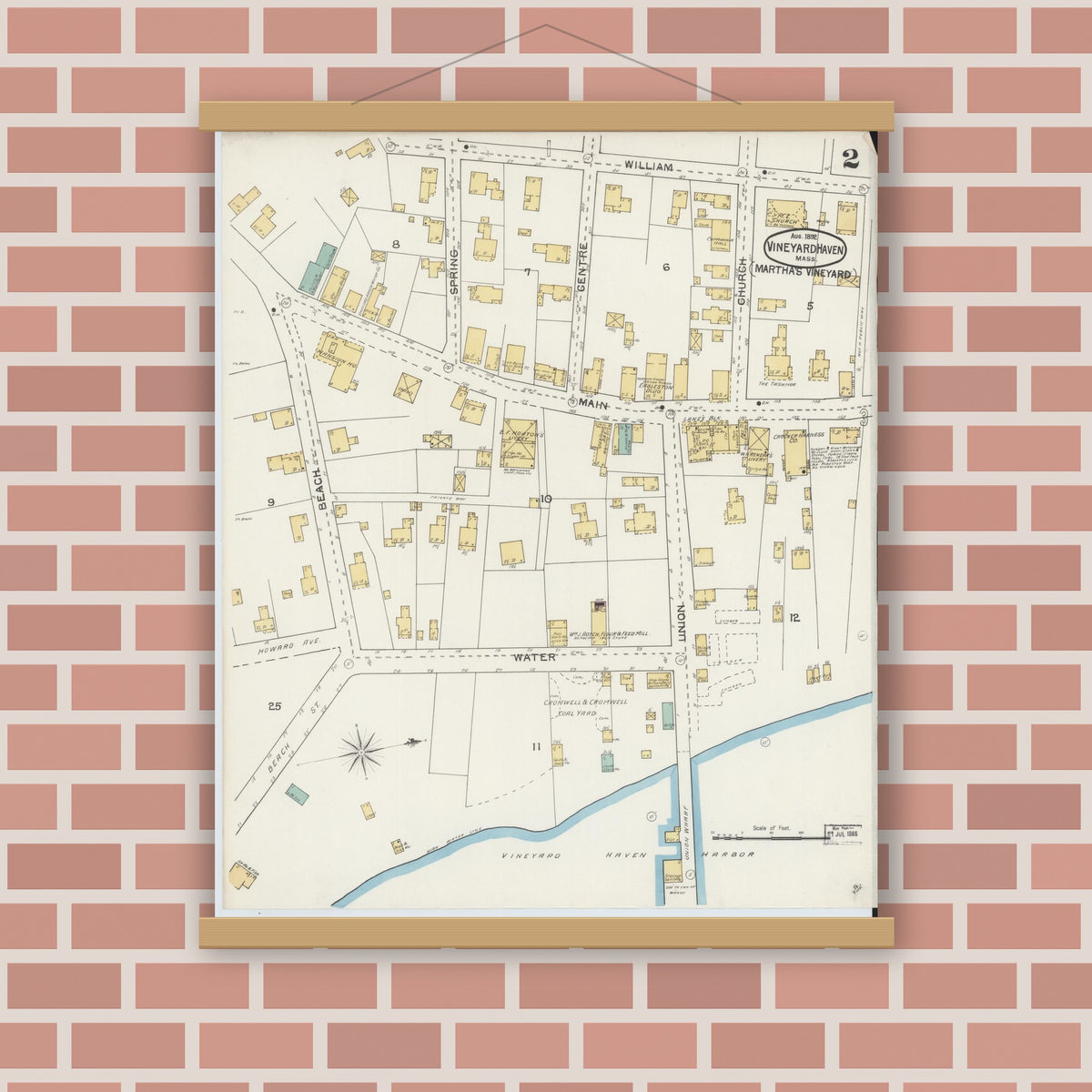 Old map wall art mockup — magnetic wood frame on brick wall — Sanborn Fire Insurance Map from Vineyard Haven, Dukes County, Massachusetts (1892), Sheet #0002