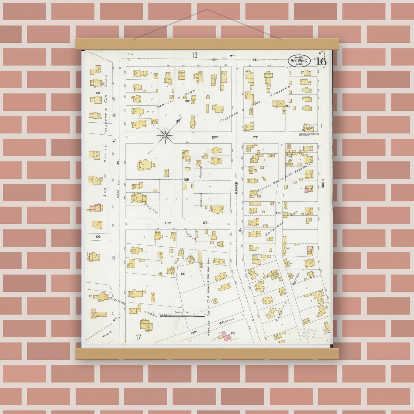 Old map wall art mockup — magnetic wood frame on brick wall — Sanborn Fire Insurance Map from Red Wing, Goodhue County, Minnesota (1902), Sheet #0016