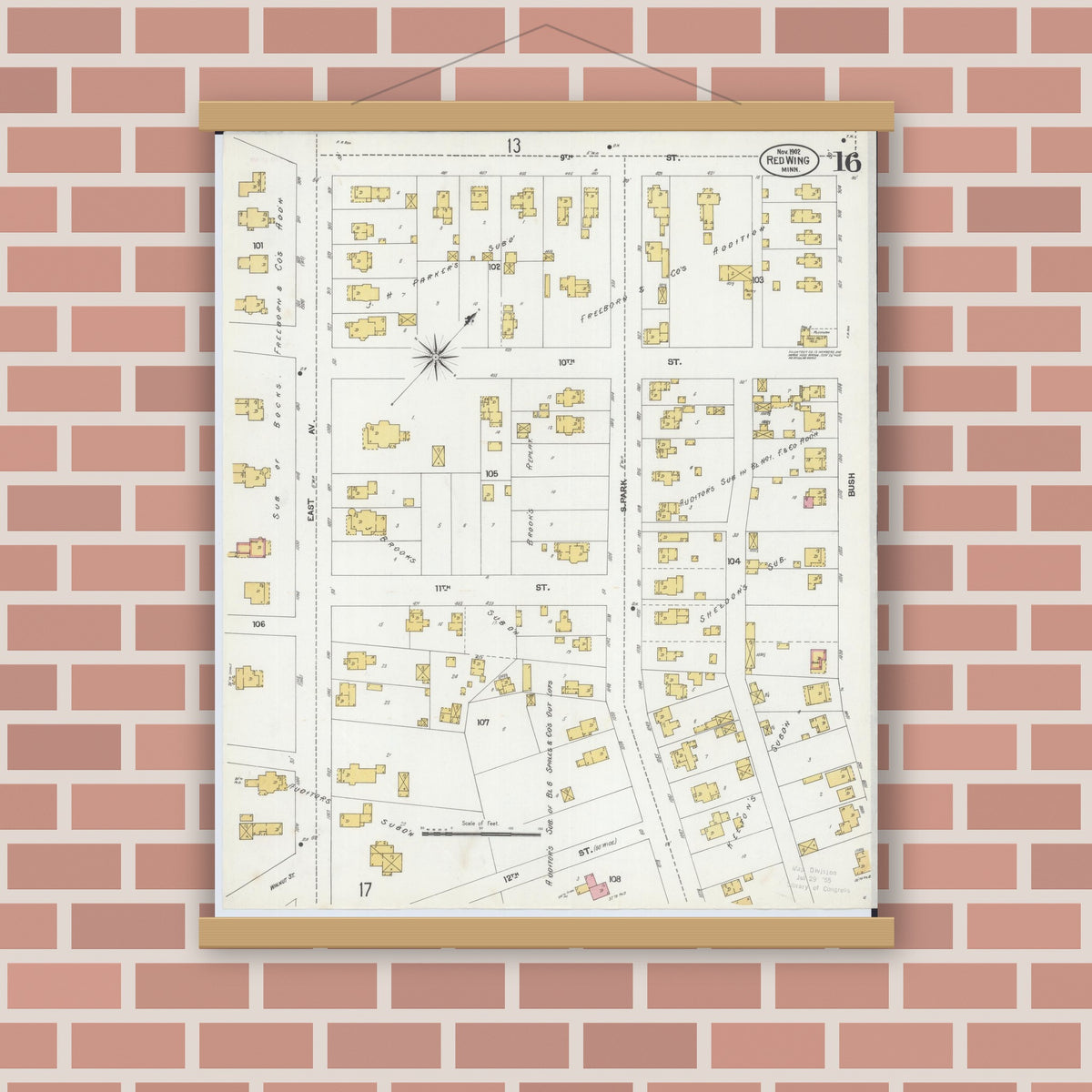 Old map wall art mockup — magnetic wood frame on brick wall — Sanborn Fire Insurance Map from Red Wing, Goodhue County, Minnesota (1902), Sheet #0016