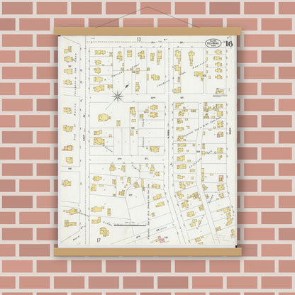 Old map wall art mockup — magnetic wood frame on brick wall — Sanborn Fire Insurance Map from Red Wing, Goodhue County, Minnesota (1902), Sheet #0016