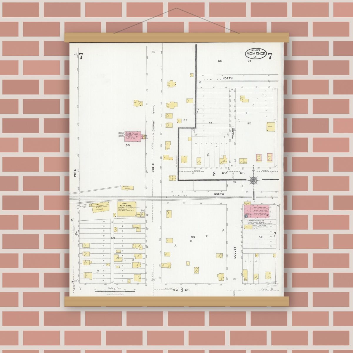 Old map wall art mockup — magnetic wood frame on brick wall — Sanborn Fire Insurance Map from Momence, Kankakee County, Illinois (1924), Sheet #0007