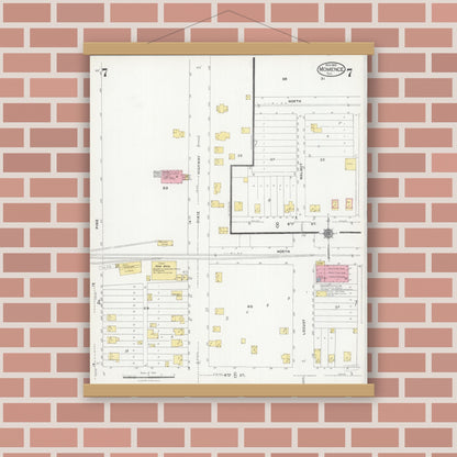 Old map wall art mockup — magnetic wood frame on brick wall — Sanborn Fire Insurance Map from Momence, Kankakee County, Illinois (1924), Sheet #0007