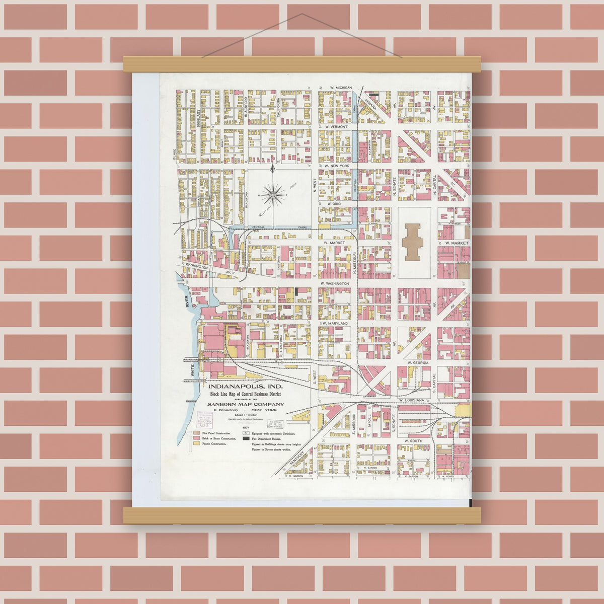 Old map wall art mockup — magnetic wood frame on brick wall — Sanborn Fire Insurance Map from Indianapolis, Marion County, Indiana (1904), Sheet #0001
