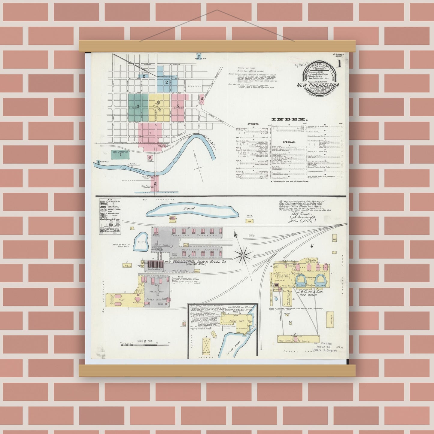 Old map wall art mockup — magnetic wood frame on brick wall — Sanborn Fire Insurance Map from New Philadelphia, Tuscarawas County, Ohio (1892), Sheet #0001