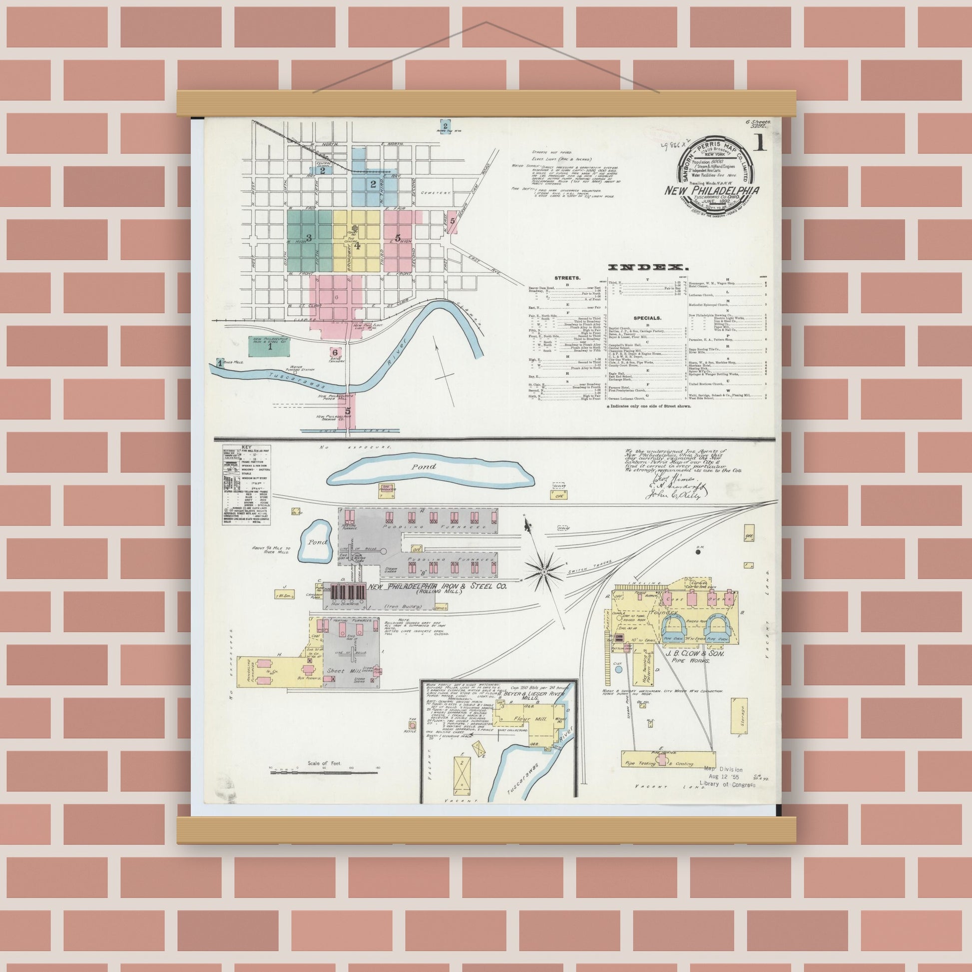 Old map wall art mockup — magnetic wood frame on brick wall — Sanborn Fire Insurance Map from New Philadelphia, Tuscarawas County, Ohio (1892), Sheet #0001