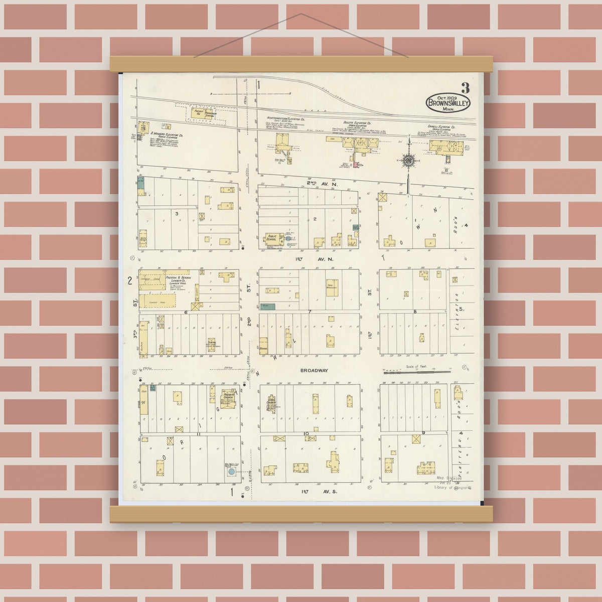 Old map wall art mockup — magnetic wood frame on brick wall — Sanborn Fire Insurance Map from Browns Valley, Traverse County, Minnesota (1909), Sheet #0003