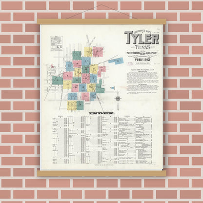 Old map wall art mockup — magnetic wood frame on brick wall — Sanborn Fire Insurance Map from Tyler, Smith County, Texas (1912) - Complete Map Set
