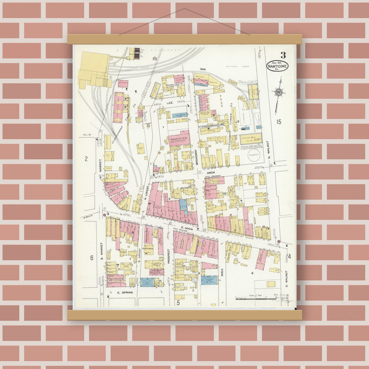 Old map wall art mockup — magnetic wood frame on brick wall — Sanborn Fire Insurance Map from Nanticoke, Luzerne County, Pennsylvania (1912), Sheet #0003