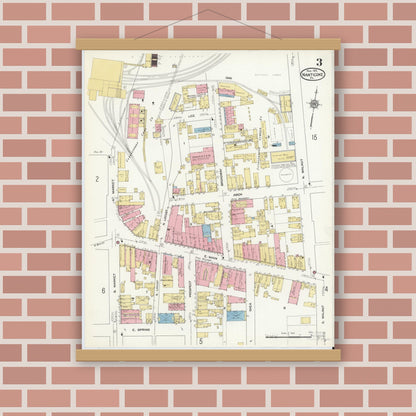 Old map wall art mockup — magnetic wood frame on brick wall — Sanborn Fire Insurance Map from Nanticoke, Luzerne County, Pennsylvania (1912), Sheet #0003