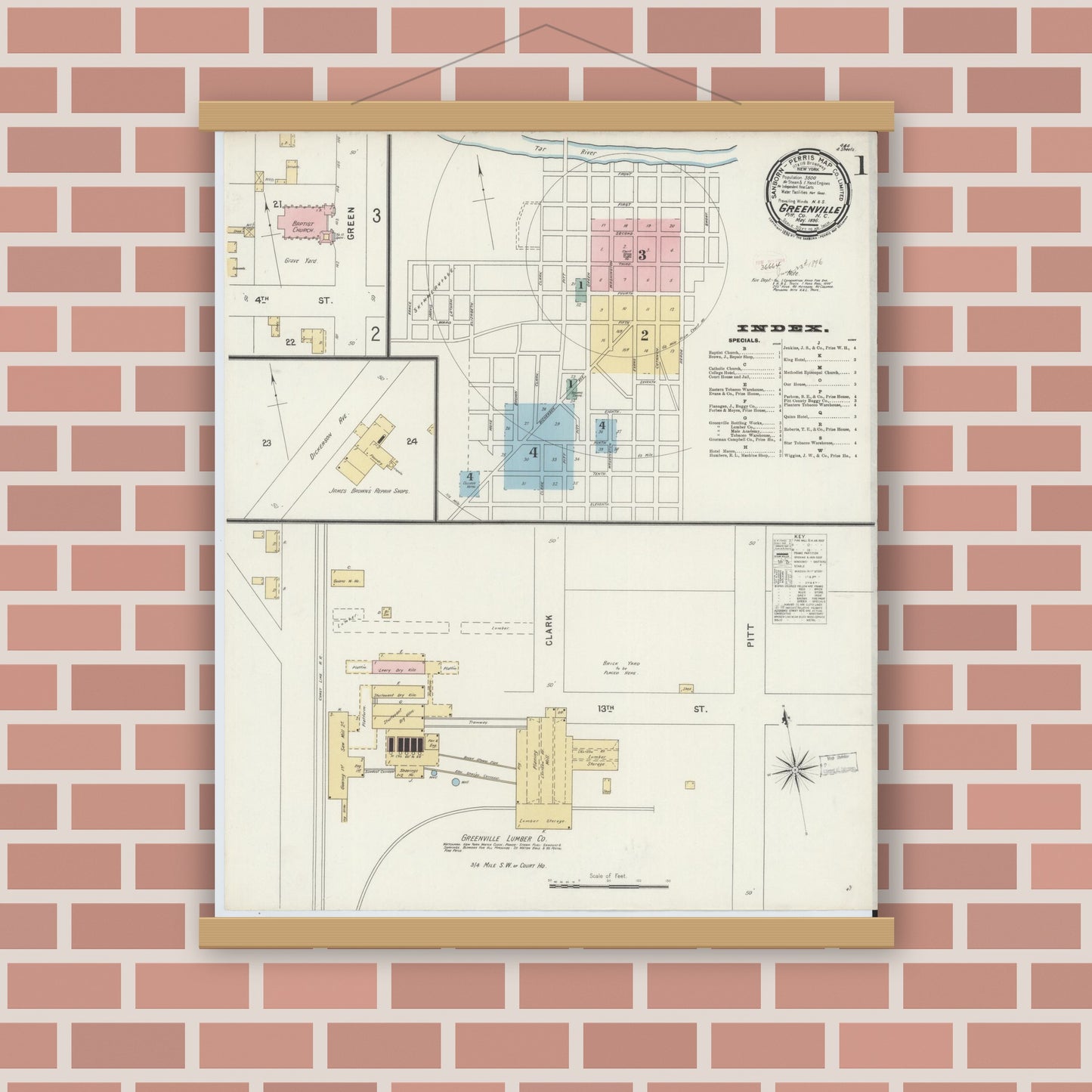 Old map wall art mockup — magnetic wood frame on brick wall — Sanborn Fire Insurance Map from Greenville, Pitt County, North Carolina (1896) - Complete Map Set
