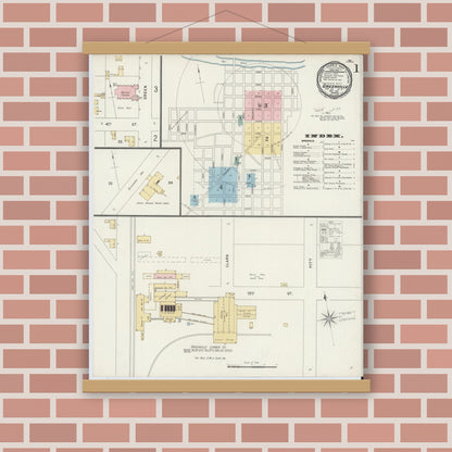 Old map wall art mockup — magnetic wood frame on brick wall — Sanborn Fire Insurance Map from Greenville, Pitt County, North Carolina (1896) - Complete Map Set