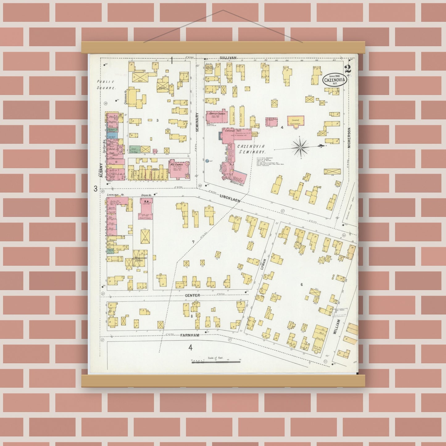 Old map wall art mockup — magnetic wood frame on brick wall — Sanborn Fire Insurance Map from Cazenovia, Madison County, New York (1900), Sheet #0002