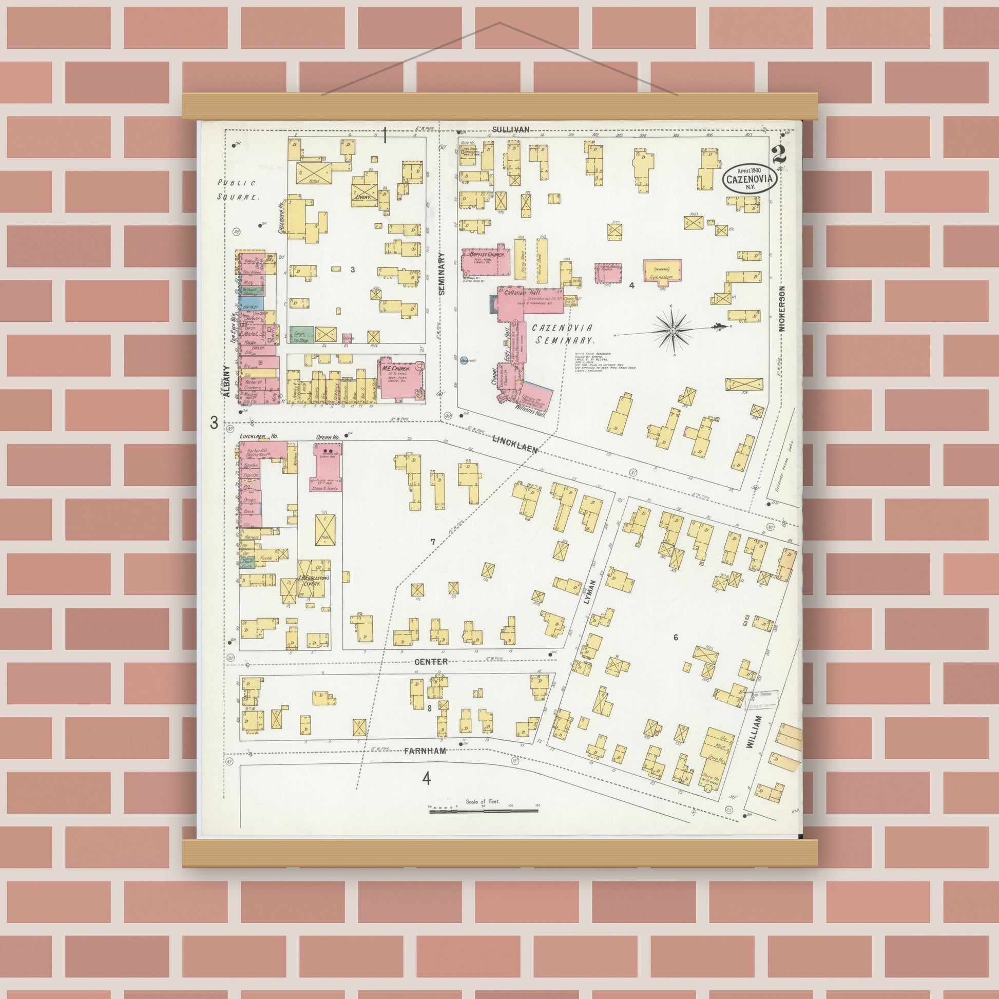Old map wall art mockup — magnetic wood frame on brick wall — Sanborn Fire Insurance Map from Cazenovia, Madison County, New York (1900), Sheet #0002