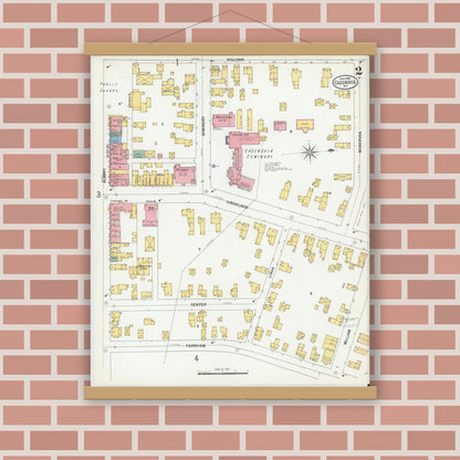 Old map wall art mockup — magnetic wood frame on brick wall — Sanborn Fire Insurance Map from Cazenovia, Madison County, New York (1900), Sheet #0002