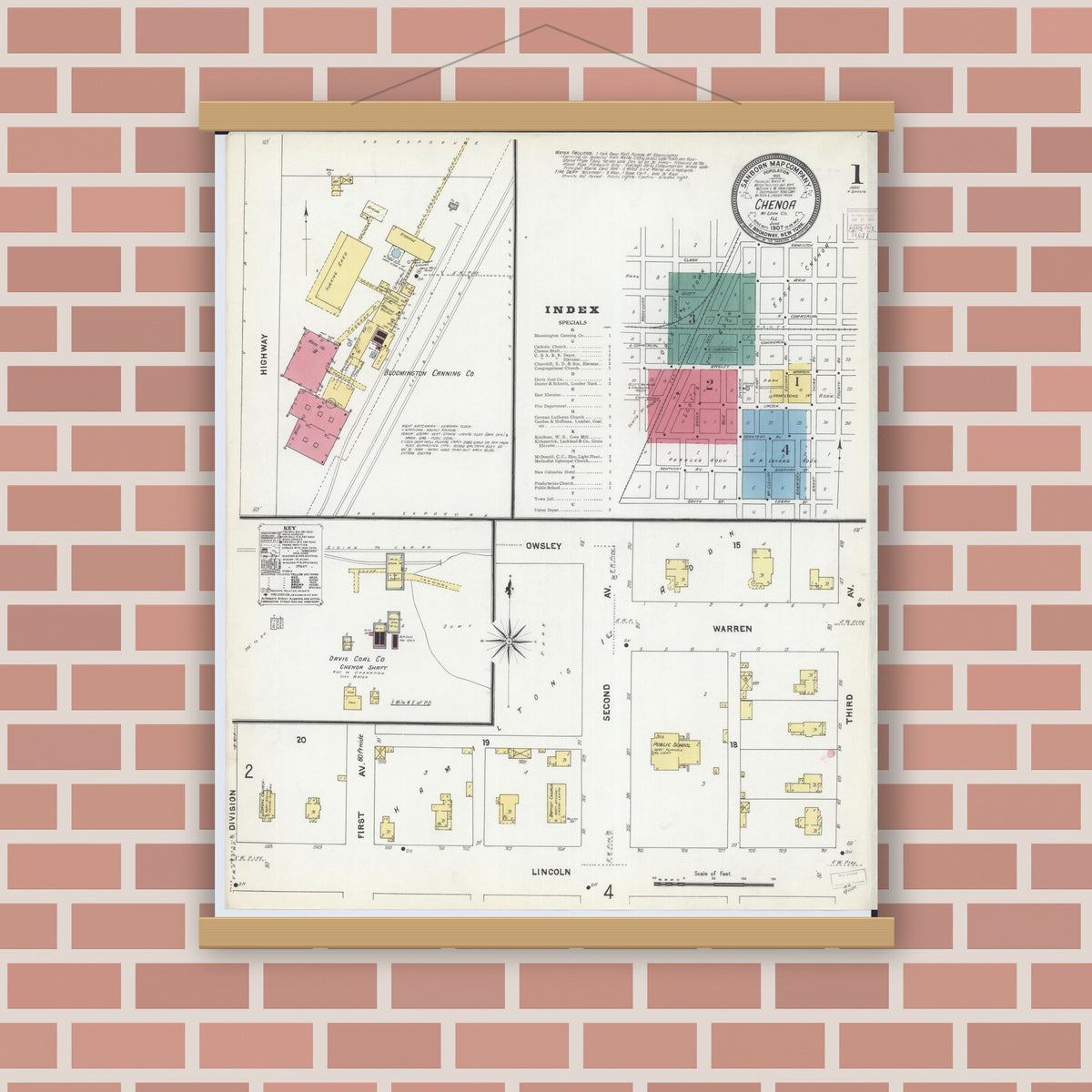 Old map wall art mockup — magnetic wood frame on brick wall — Sanborn Fire Insurance Map from Chenoa, McLean County, Illinois (1907), Sheet #0001